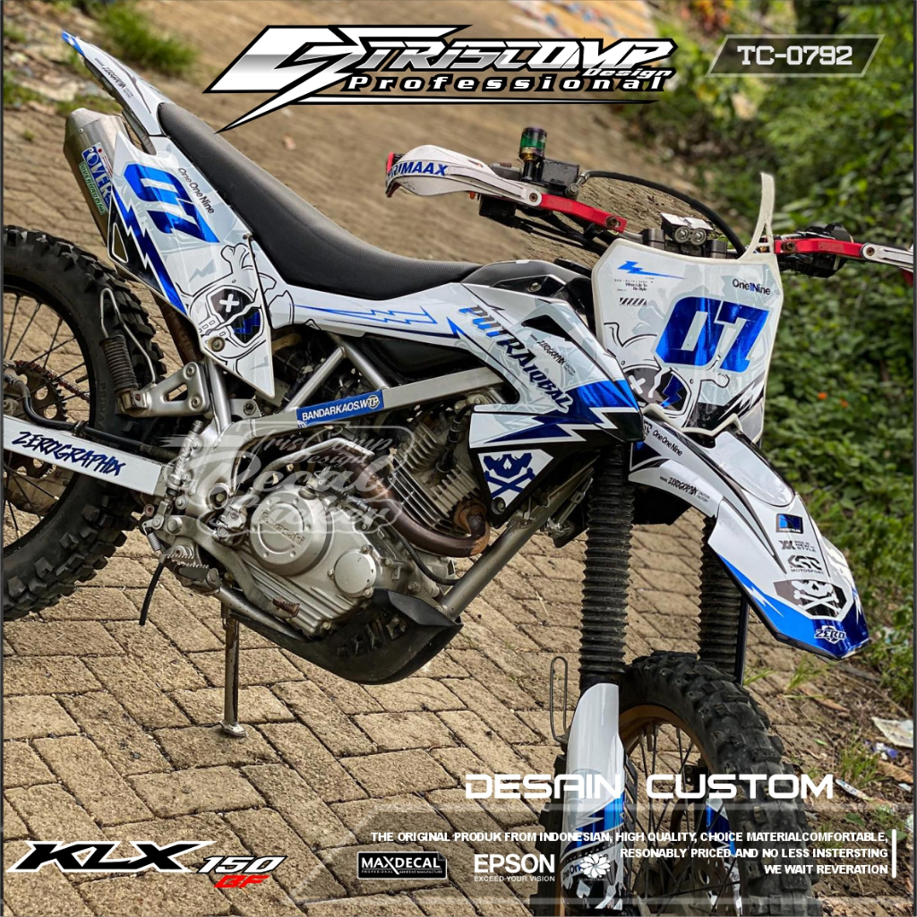 DECAL KLX BF DTRACKER STICKER KLX 150 BF WARNA PUTIH KOMBINASI LIST BIRU CANDY STICKER DECAL KLX 150