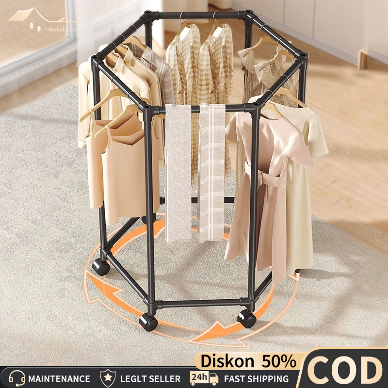 COD Jemuran Pakaian Stand Hanger Rotasi 360° Dengan 6 Roda Jemuran Bulat Jumbo Rak Gantung Baju Besi