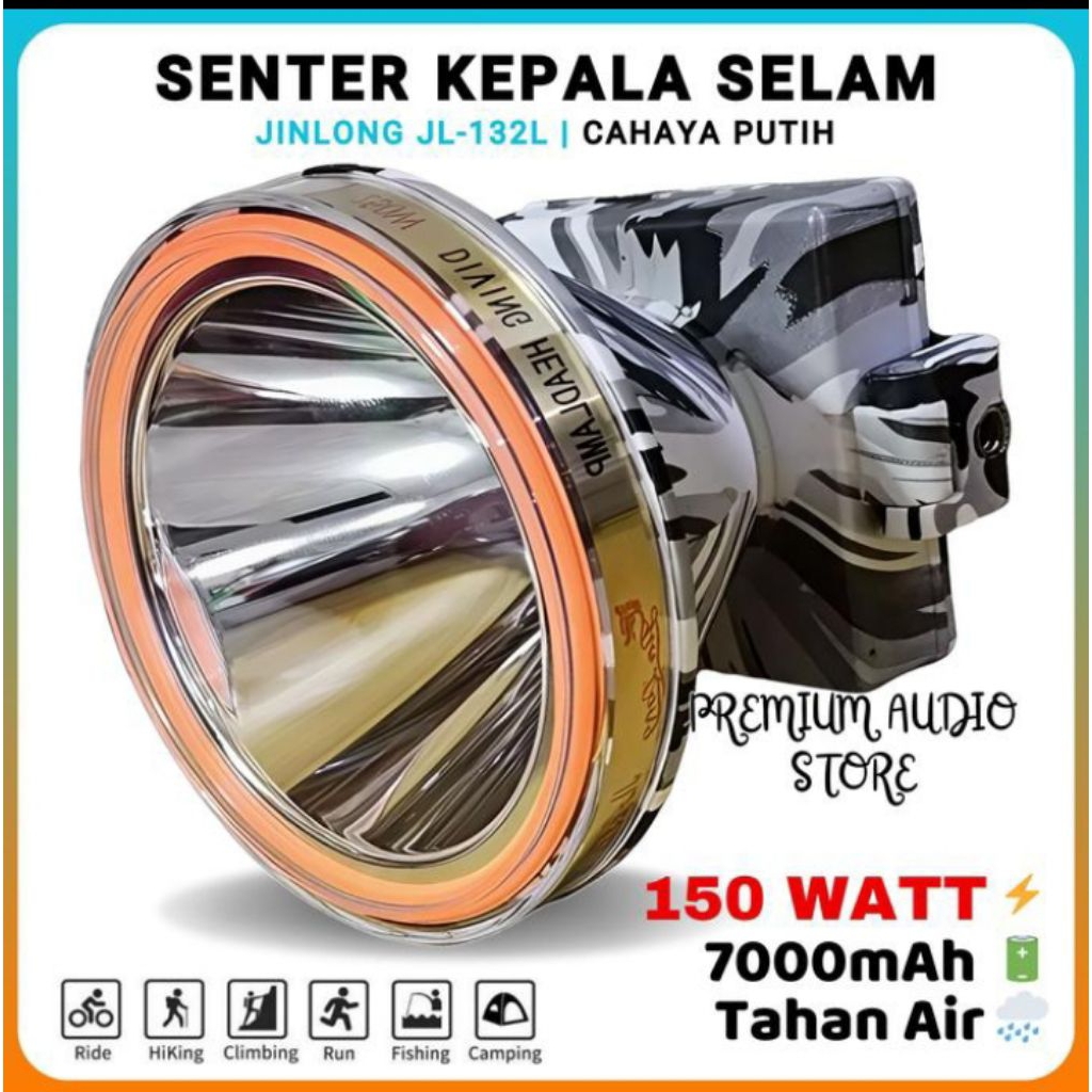 SENTER KEPALA SELAM JINLONG  L-132 LORENG 150Watt body loreng cas ulang 7000 mAh gratis kacamata sel