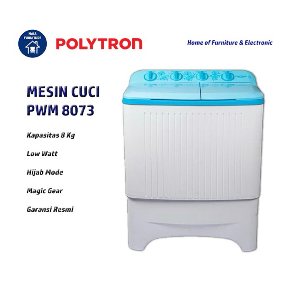 POLYTRON Mesin Cuci 2 Tabung 8 Kg PWM 8073 | Mesin Cuci Polytron 8 Kg | Mesin Cuci 2 Tabung