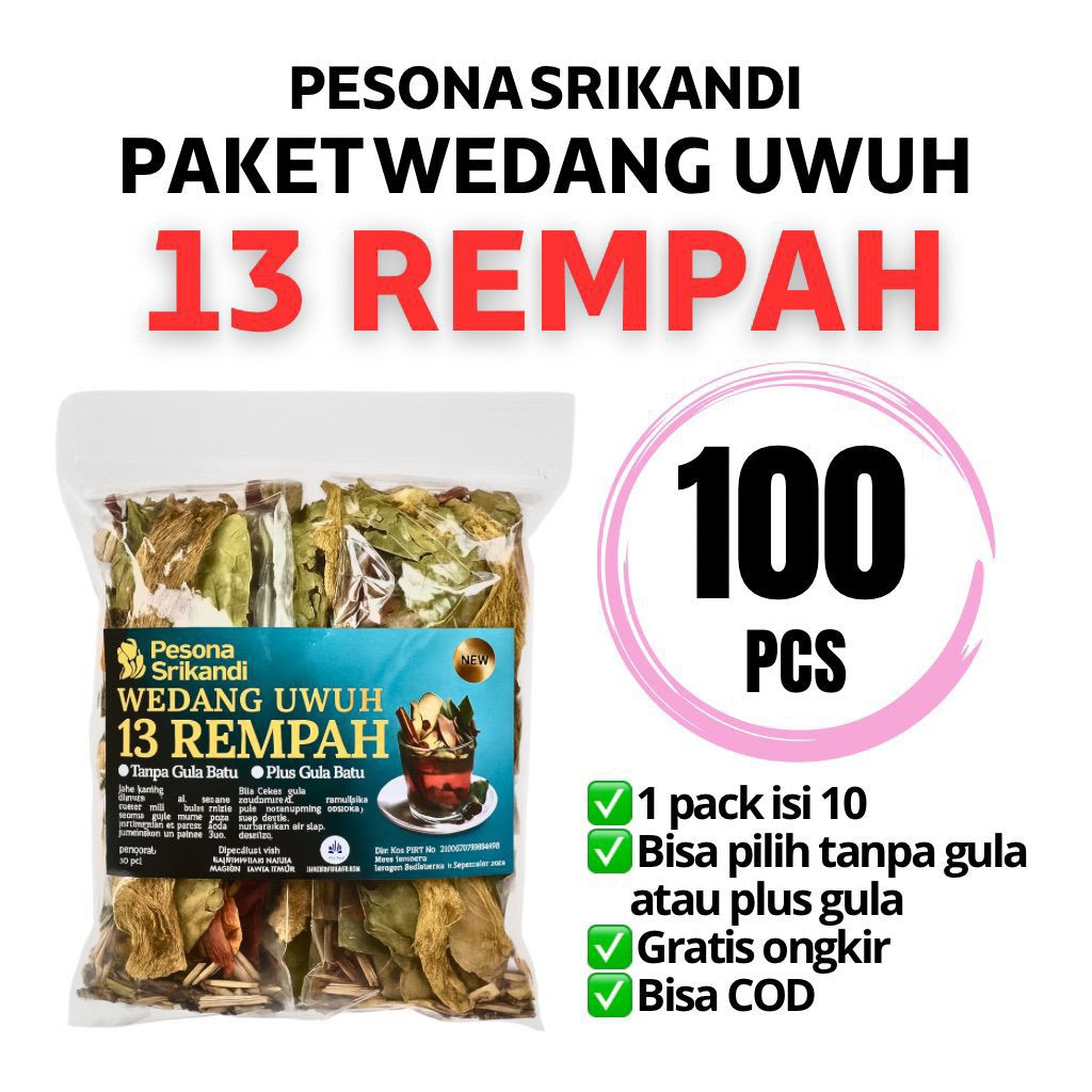 

PAKET 100 PCS (10 PACK) WEDANG UWUH 15 REMPAH BUNGA TELANG PESONA SRIKANDI