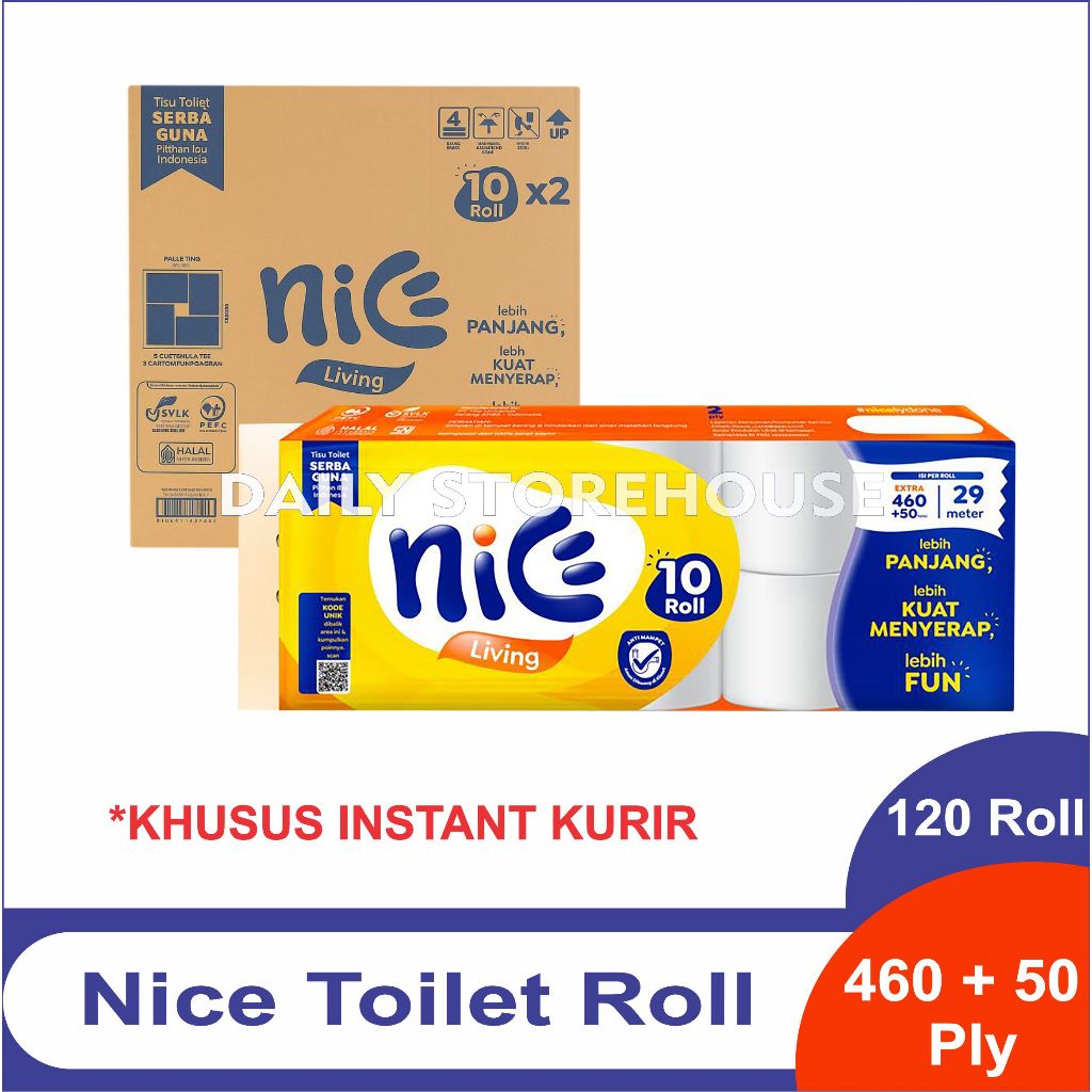 1 Dus Nice Living Toilet Core Emboss 10 Roll 460+50 Helai Tisu Toilet Gulung Isi 120 Roll (KHUSUS IN