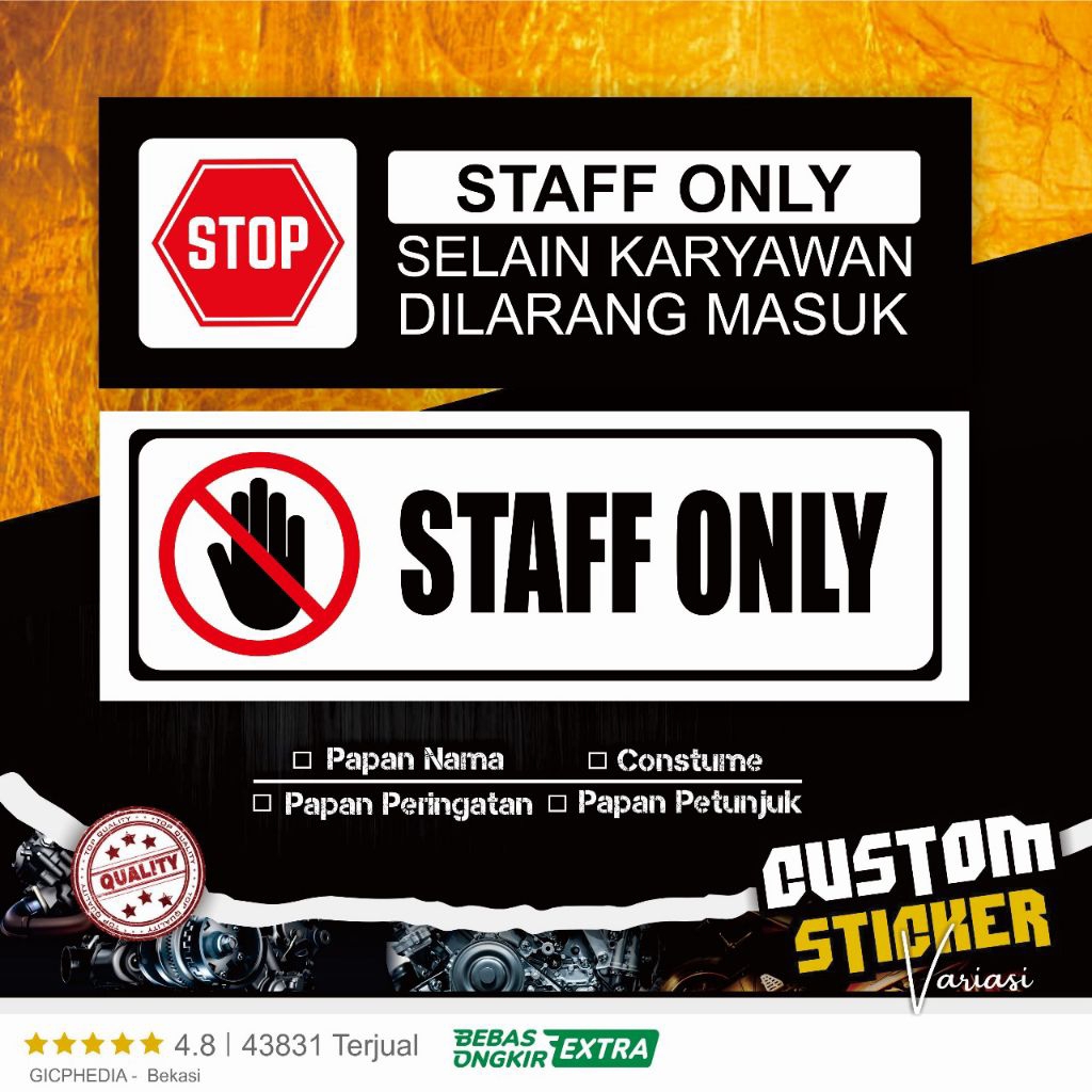 

Papan Petunjuk Staff Only | Selain Karyawan Dilarang Masuk | Papan Peringatan | Sticker | Hiasan Dinding | Dekorasi Dinding Cafe Toko Rumah Makan