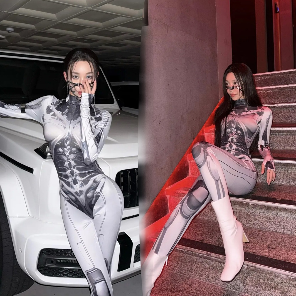 Bodysuit Robot Punk Catsuit Halloween Cosplay Sexy Kostum Untuk Wanita Karnaval Pesta Lengan Panjang