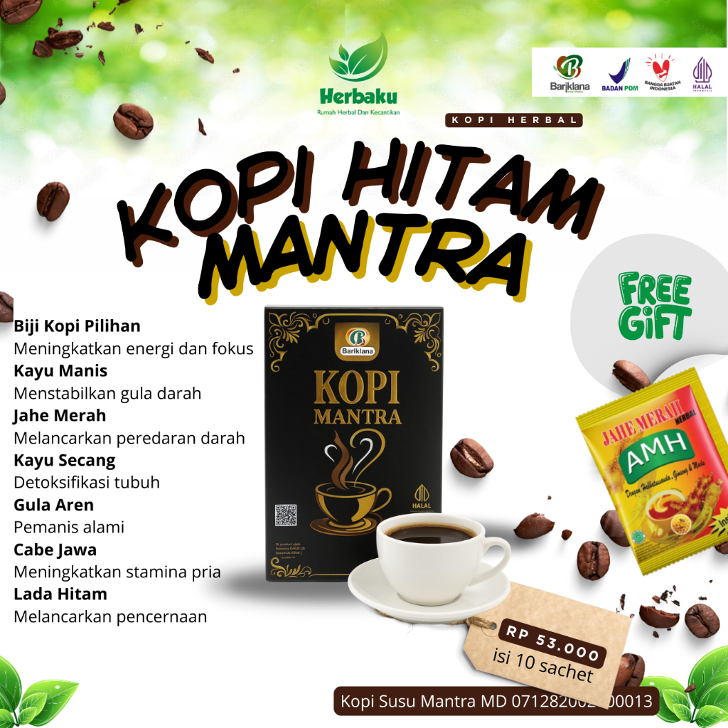 Kopi MANTRA Bariklana Kopi Sehat Rempah Herbal Jahe Merah, Gula Aren, Cabe Jawa, Halal BPOM BISA COD