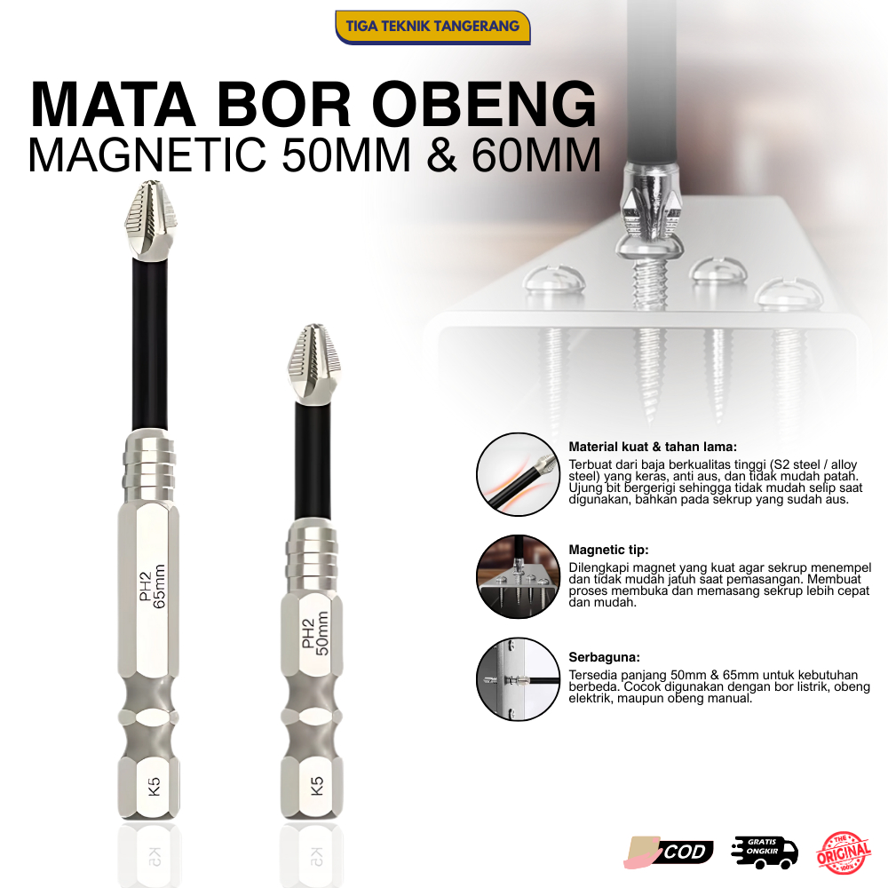 Mata Bor Obeng Magnetic 50-65mm Mata Obeng Keras Baja
