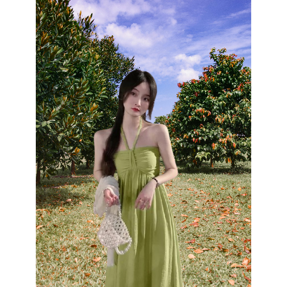 Midi Dress Wanita Retro Kemben Kerut Dada Tali Leher Belakang Korea Premium Ellegant Nyaman Adem Kek