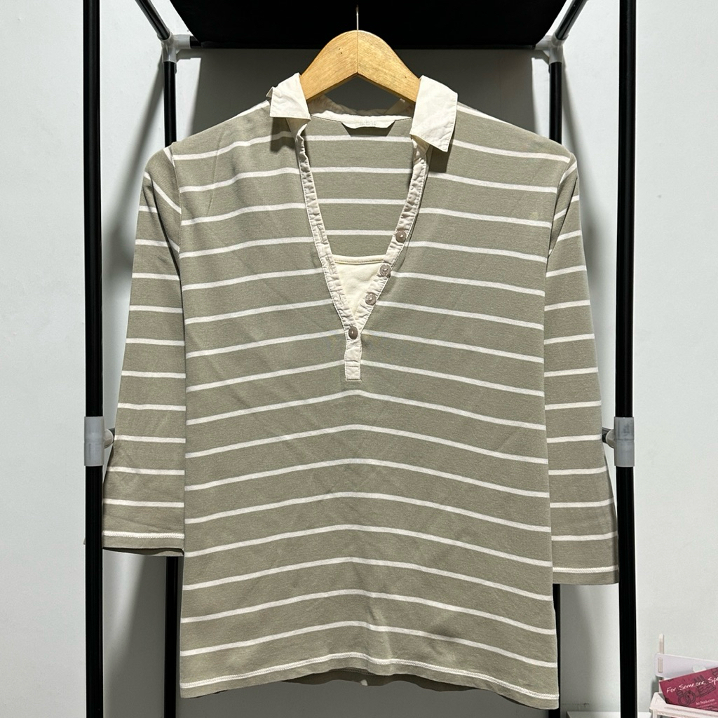 Tshirt Stripe Sage Green Women Open Collar Tee