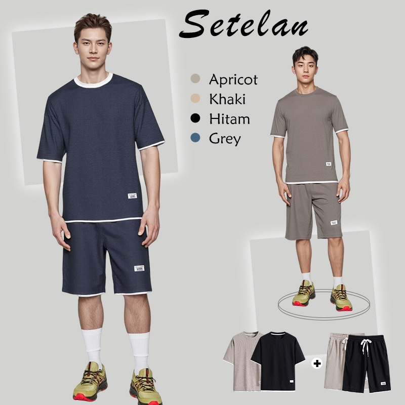 Setelan olahraga pria Baju setelan pria korea baju setelan cowok baju celana pria 1 set celana pende