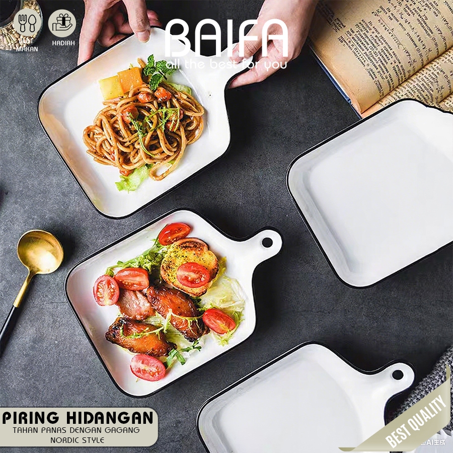 BAIFA - Piring Saji Persegi Bentuk Elegant Keramik Putih Tebal / Piring Lauk Kotak Gagang LisT Hitam