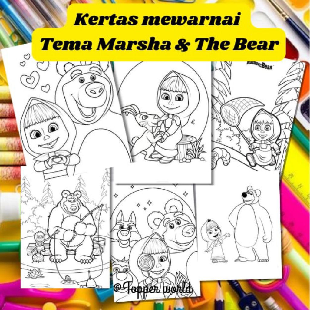 

20 LEMBAR KERTAS MEWARNAI ANAK TEMA MARSHA & THE BEAR (READY LANGSUNG KIRIM)