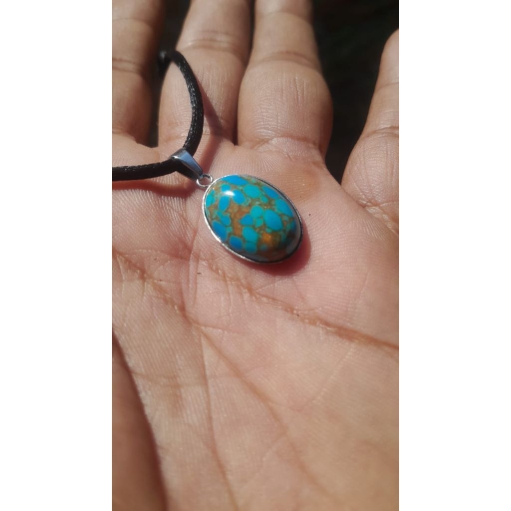kalung tali hitam batu pirus mesir biru urat mas