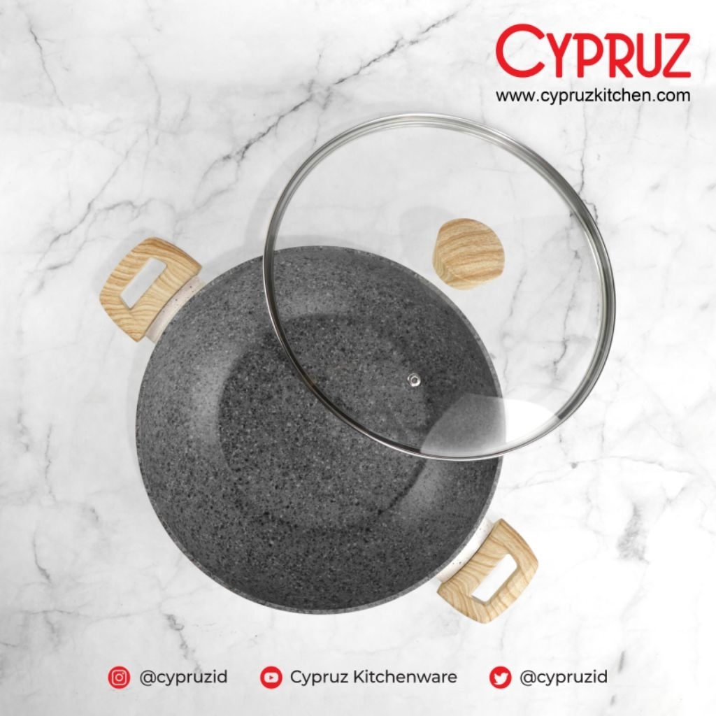 Wajan Anti Lengket Cypruz White Granite Wok Pan + Tutup Kaca