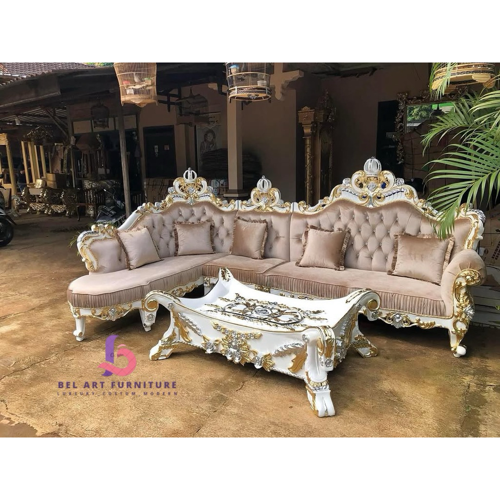 Sofa tamu ukir mahkota sudut kayu jati