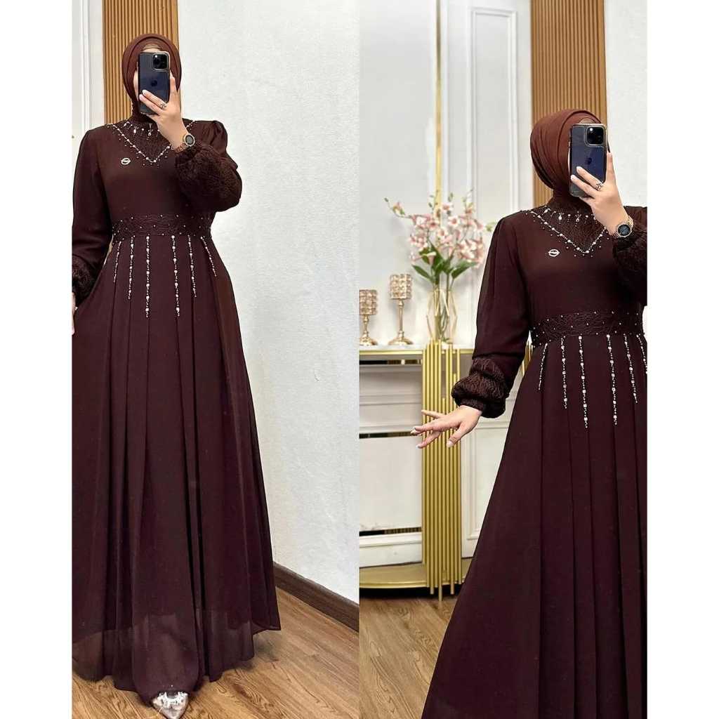 Hanifah Dress Fashion Lebaran Moeslim Terbaru 2026 Bahan Ceruty Babydoll Mix Brukat Aplikasi Payet