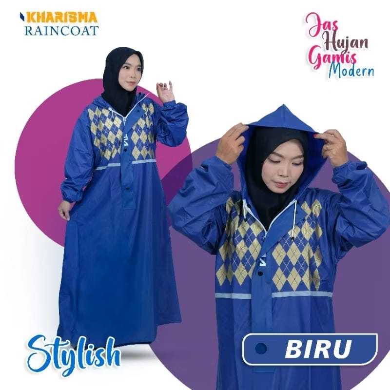 KHARISMA Jas Hujan Gamis Motif Wanita Muslimah Raincoat/Jas Hujan Navy