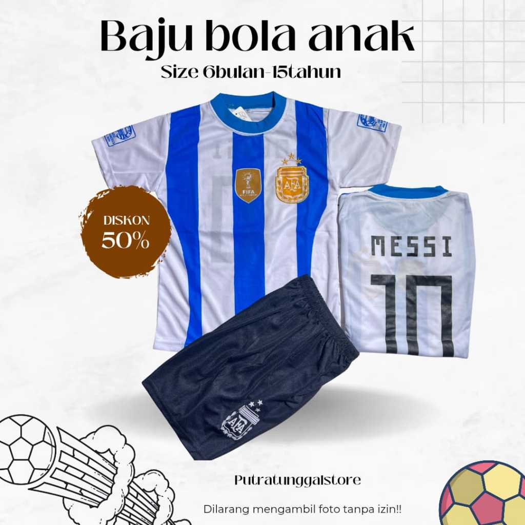 PAKET MODAL USAHA  / SETELAN BAJU BOLA ANAK TERBARU  TIMNAS ARGENTINA PUTIH MESSI BRAZIL MU DORTMUND