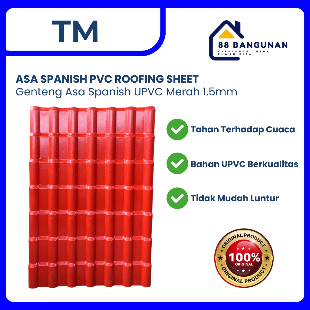 Genteng Upvc Asa Spanish Anti UV 154 x 104 Cm Merah