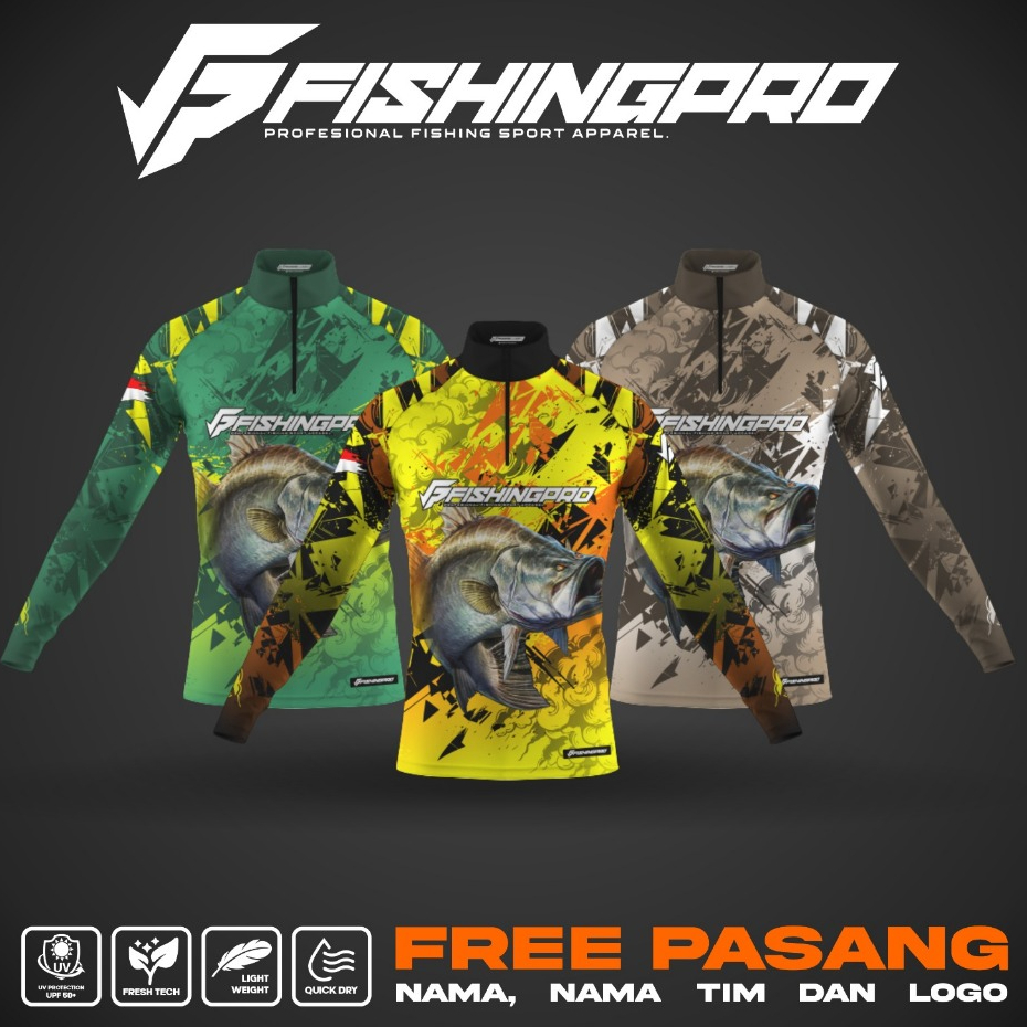 Jersey baju Mancing FishingPro Barramundi Largemouth/Laut/Kolam/Sungai | Bahan anti UV