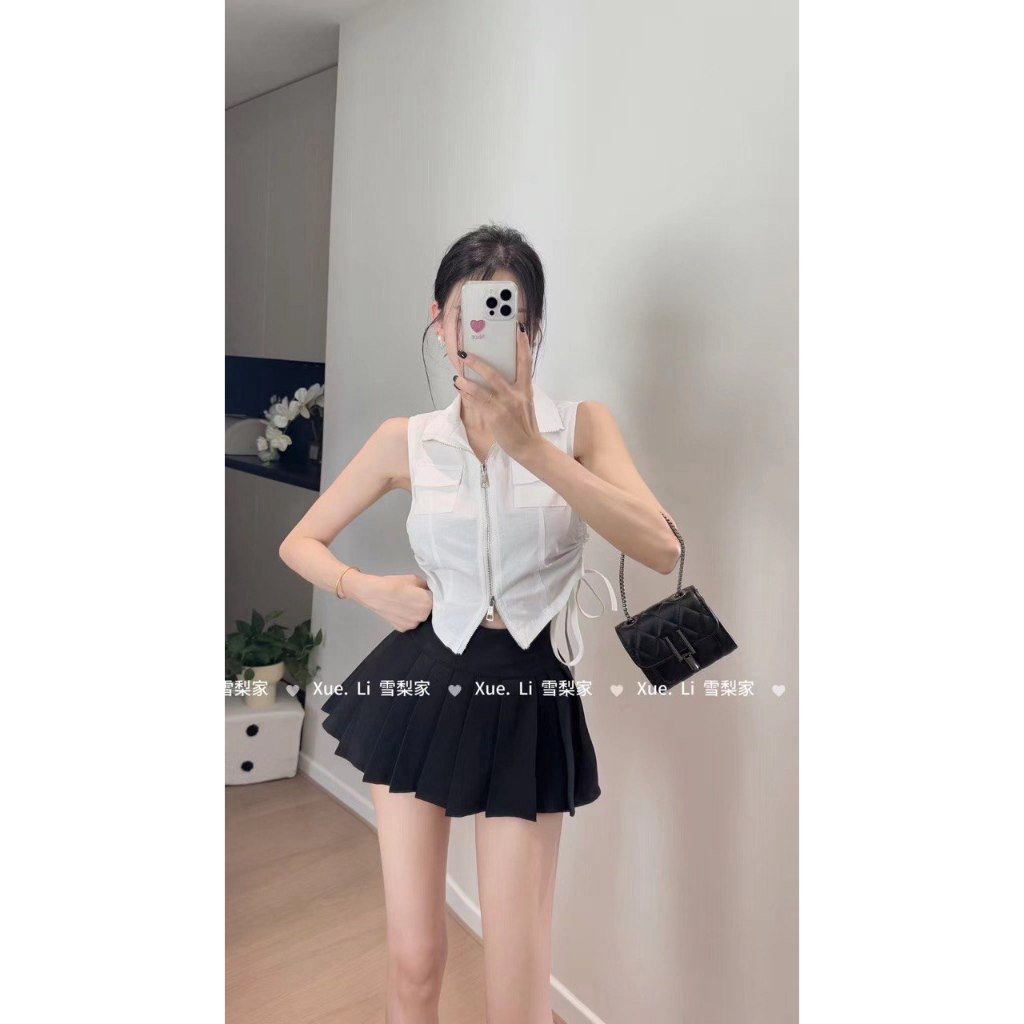 Korean Style Crop Vest Zipper Top – White Sleeveless Tank