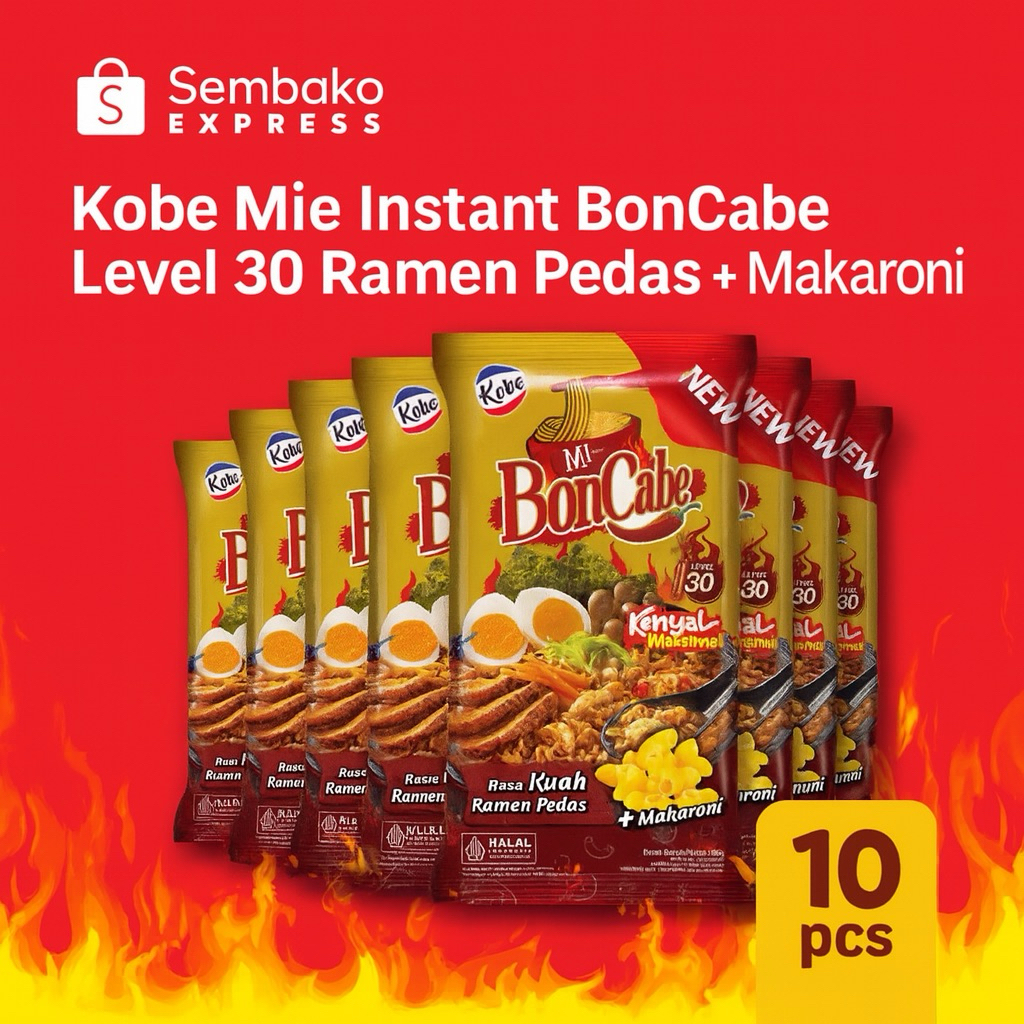 Kobe Mi Instan BonCabe Ramen Pedas Level 30 + Makaroni 10 pcs