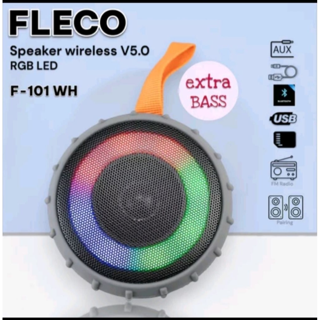 Speaker Fleco F-101 WH | Speaker Bluetooth Extra Bass Lampu LED RGB / Waterproof Terbagus Terbaru Te
