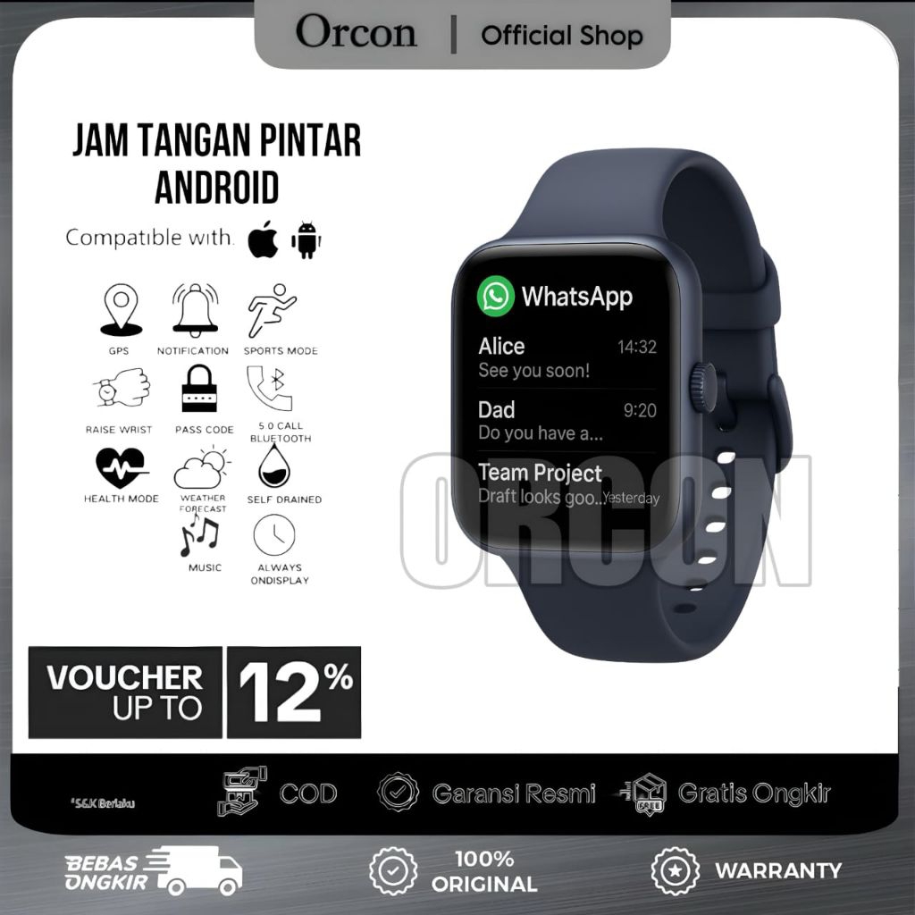 Jam Tangan Pintar Android HP WhatsApp Layar Sentuh Tahan Air Smartwatch Pria Wanita Idaman