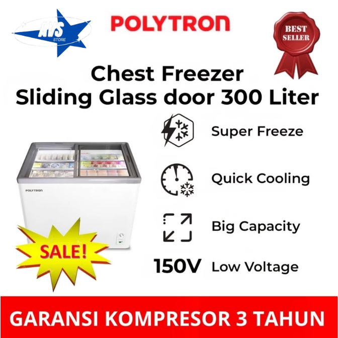 POLYTRON CHEST FREEZER 300LITER SLIDING GLASS DOOR PCF 329 BOX PEMBEKU  PINTU KACA