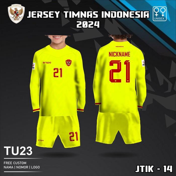 Setelan Jersey anak kiper timnas indonesia terbaru baju kaos bola piala asia U23 2024 free custom na