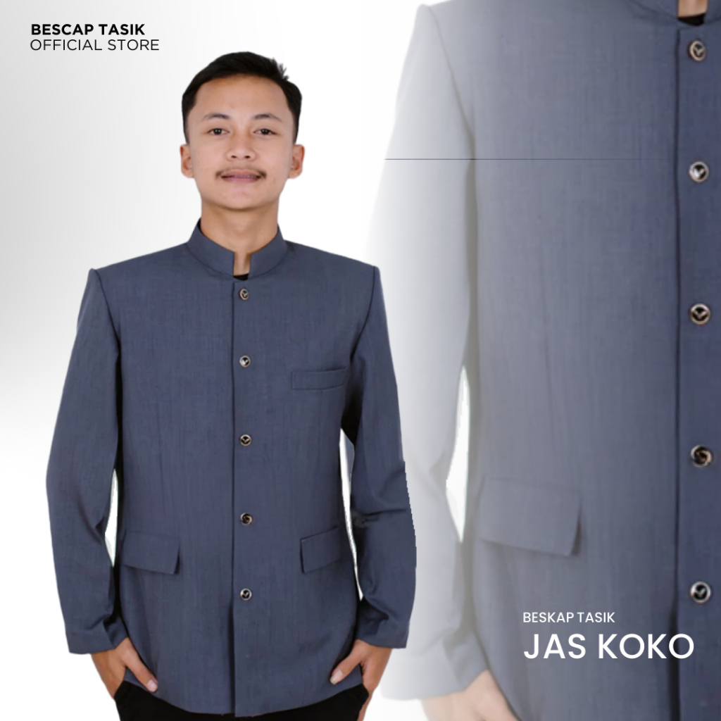 Beskap Jas Koko Abu Tua Polos Pria Dewasa Muslim Premium Motif Saku Tutup Jas Santri S-XXL