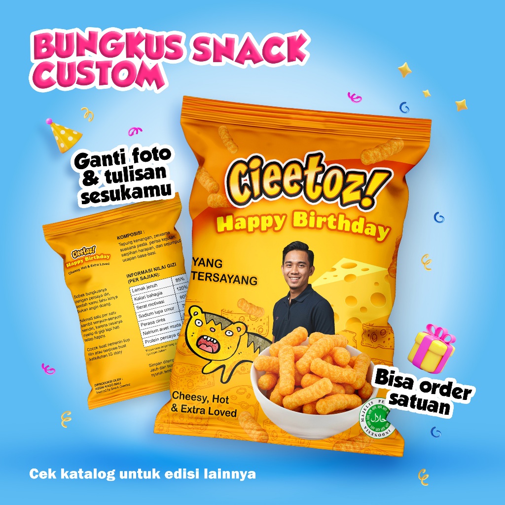 

Bungkus Snack Custom CHEETOS | Kado Wisuda, Ulang Tahun, Wedding | Bungkus Hampers kado custom