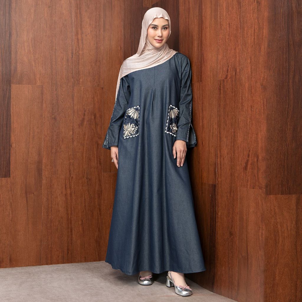 Lozy Hijab - Irish Dress Denim (Abaya Dress Flower Embroidery Bahan Denim)