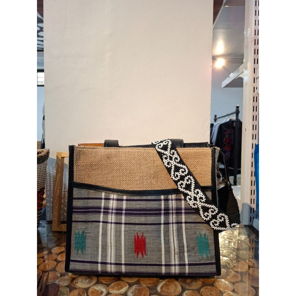 Tas Selempang Tenun Etnik - Burlap & Kulit Sintetis
