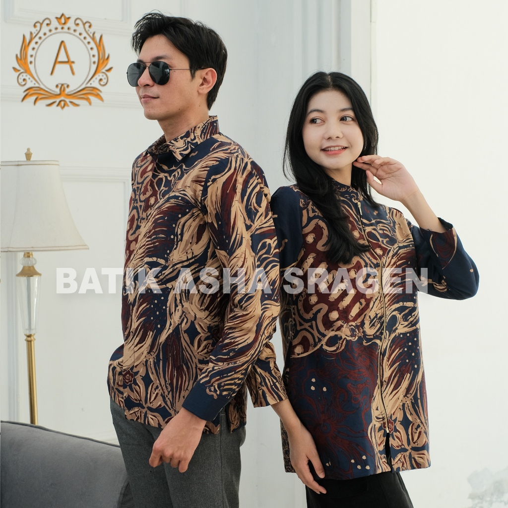 Batik Asha-Batik Pria Lengan Panjang-Tunik Wanita-Batik Pasangan-Motif ABSTRAK DAUN-Warna Navi Kombi