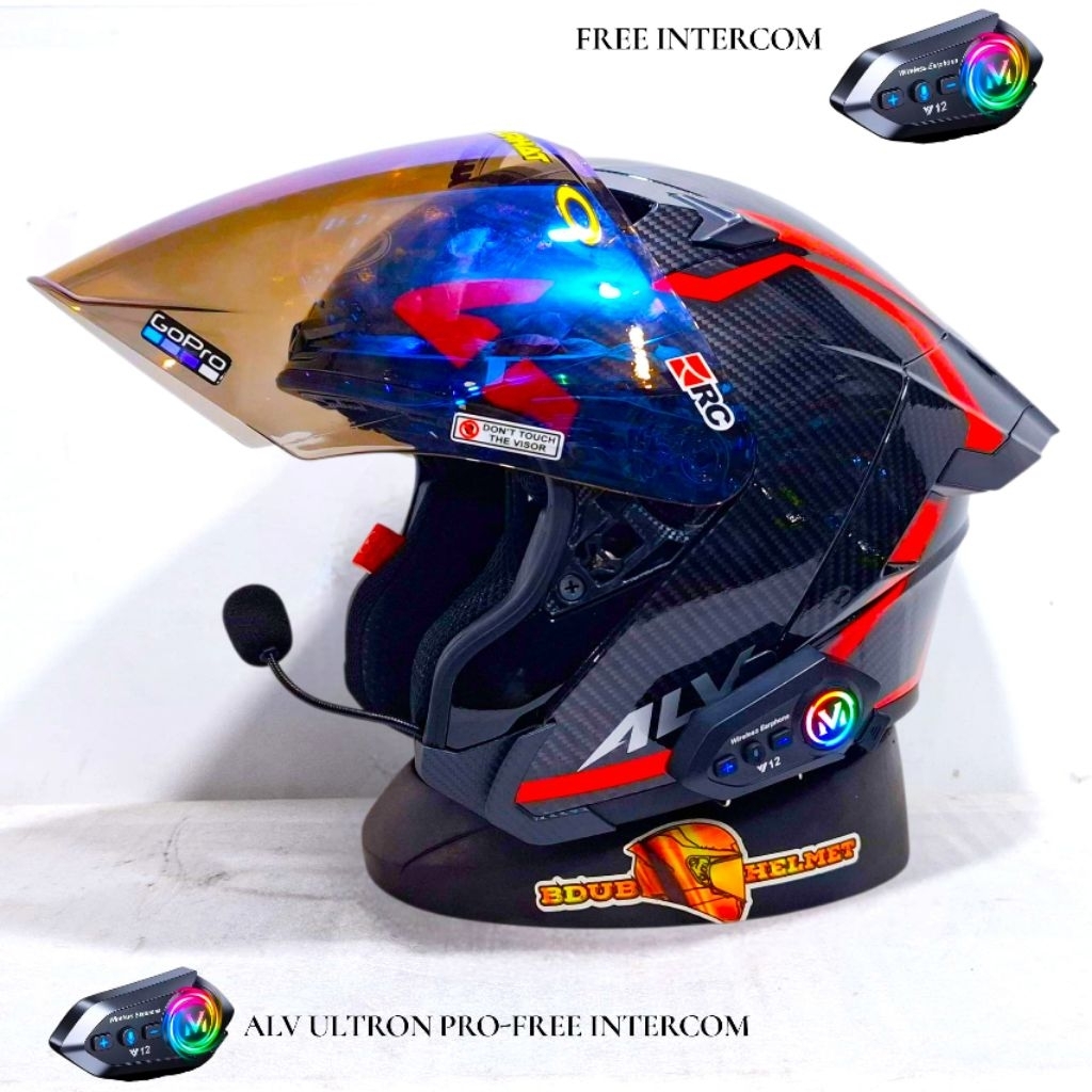 Helm ALV Ultron pro carbon red free intercom paket ganteng spoiler 3D