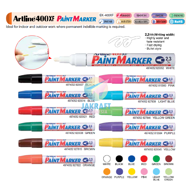 

(1 Pcs) Spidol Cat Permanen ARTLINE EK-400XF Warna White / Black / Blue / Red / Green / Brown / Orange / Purple / Yellow / Pink / Light Blue Lengkap Paint Permanent Marker Tebal 2.3 mm Anti Air Luntur Semua Permukaan All Surfaces Tidak Bisa Dihapus