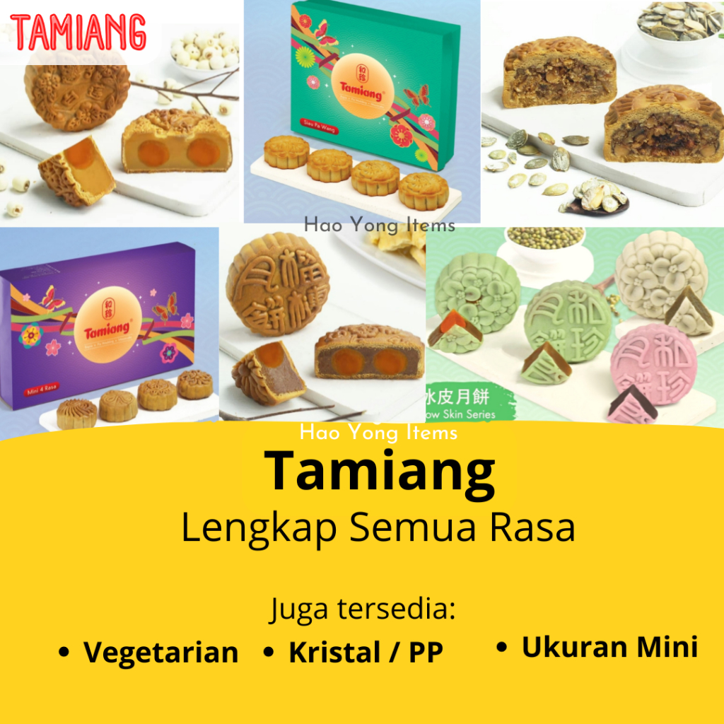 

Kue Bulan TAMIANG semua rasa Durian Kacang Hitam Putih Lien Yong Pandan Mini Vegetarian / Mooncake Tamiang rasa lengkap