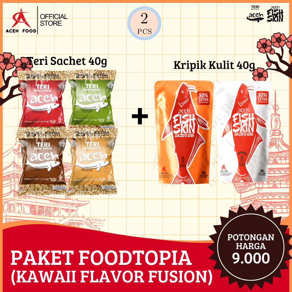 

[LIMITED EDITION] PAKET FOODTOPIA 4 – KAWAII FLAVOR FUSION | HEMAT 9K | 1 PCS Snack Fish Skin Salted Egg Keripik Kulit Ikan Renyah & 1 PCS Teri Nasi Kriuk Kemasan Sachet Lauk Cemilan Crispy Renyah - Aceh Food