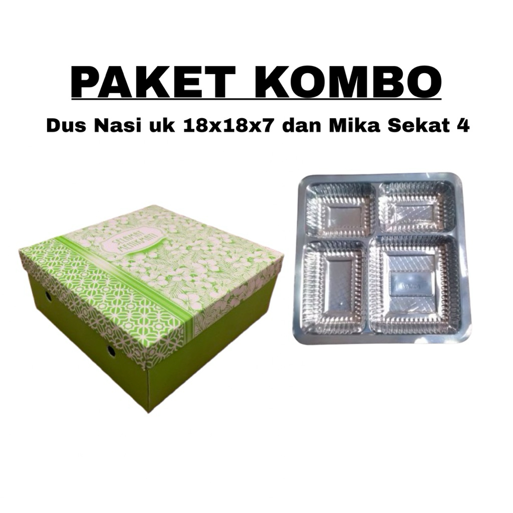 Paket Dus Nasi/Kue uk 18x18x7 dan Mika Makanan | Kardus Nasi Motif | Mika Sekat 4 |