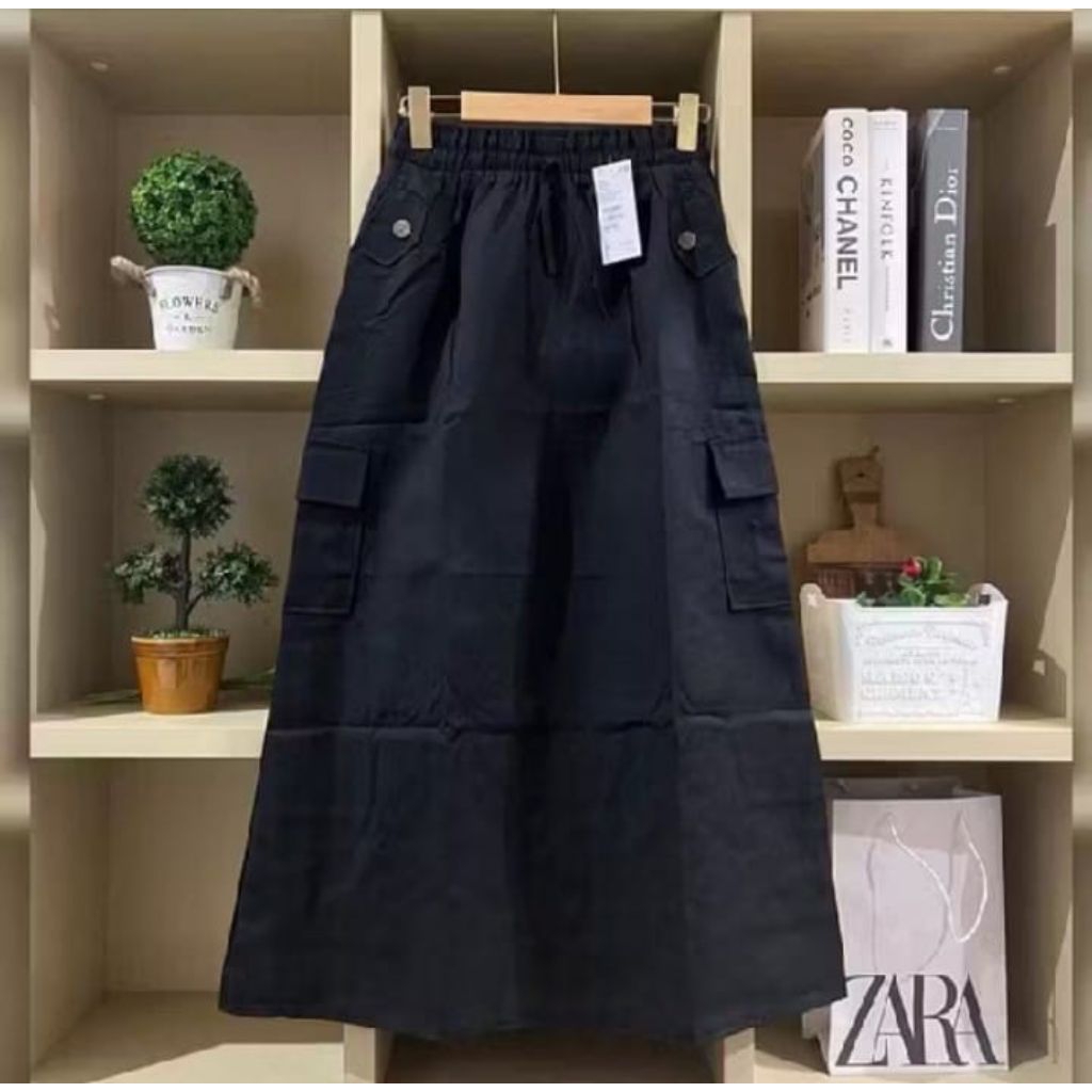 Rok Cargo Panjang Wanita | Rok Kargo Model A-Line  Bahan Katun Twill | SKIRT Korean Style Rok Panjan
