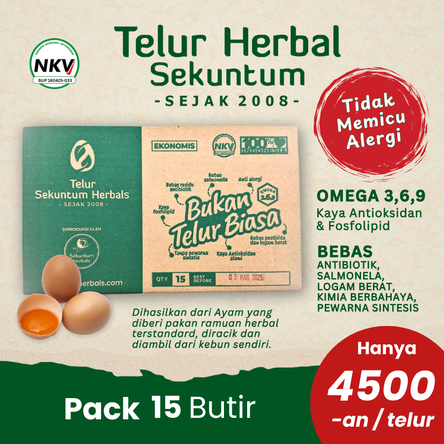 

Telur Herbal Sekuntum | Telur Ayam Hypoallergenic | Tinggi Antioksidan, Telur Omega 3,6,9 | Pack 15