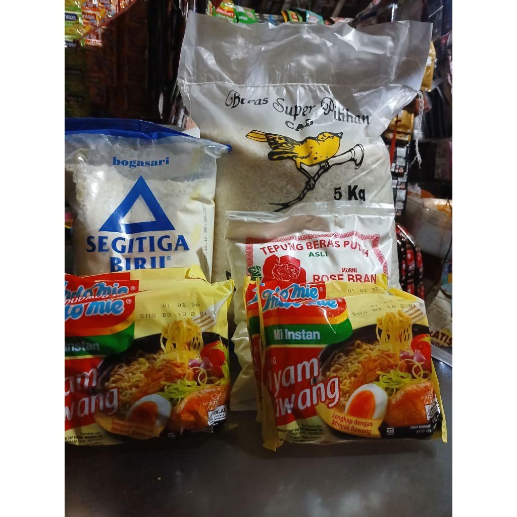 

paket sembako 6, beras,tepung beras,tepung trigu,indomie