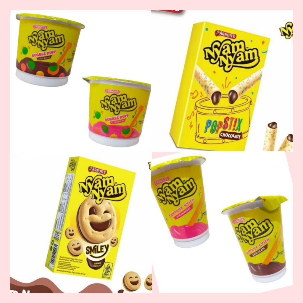

Nyam Nyam Bubble Puff 18gr / Nyam nyam Fantasy Stick 25gr/ Nyam nyam Pop Stix/ Nyam nyam Smiley 45gr/ Biskuit/ Snack Cemilan