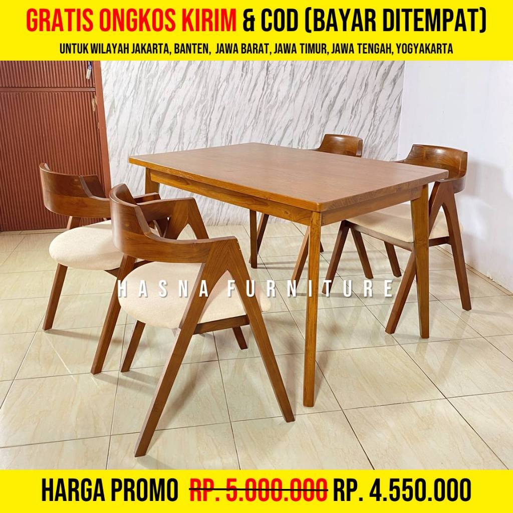 Meja Makan Jati Minimalis 4 Kursi – Set Furniture Rumah Mewah, Set Meja Makan Kayu Jati 4 Kursi Mini