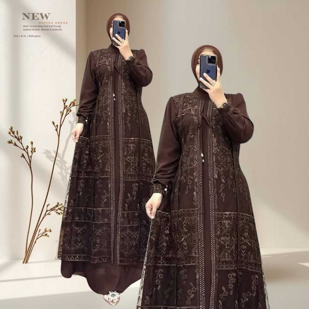 Dress Pesta Kondangan Muslimah Davina Dress Premium Ceruty Baby Doll Full Puring Brukat Swarovski