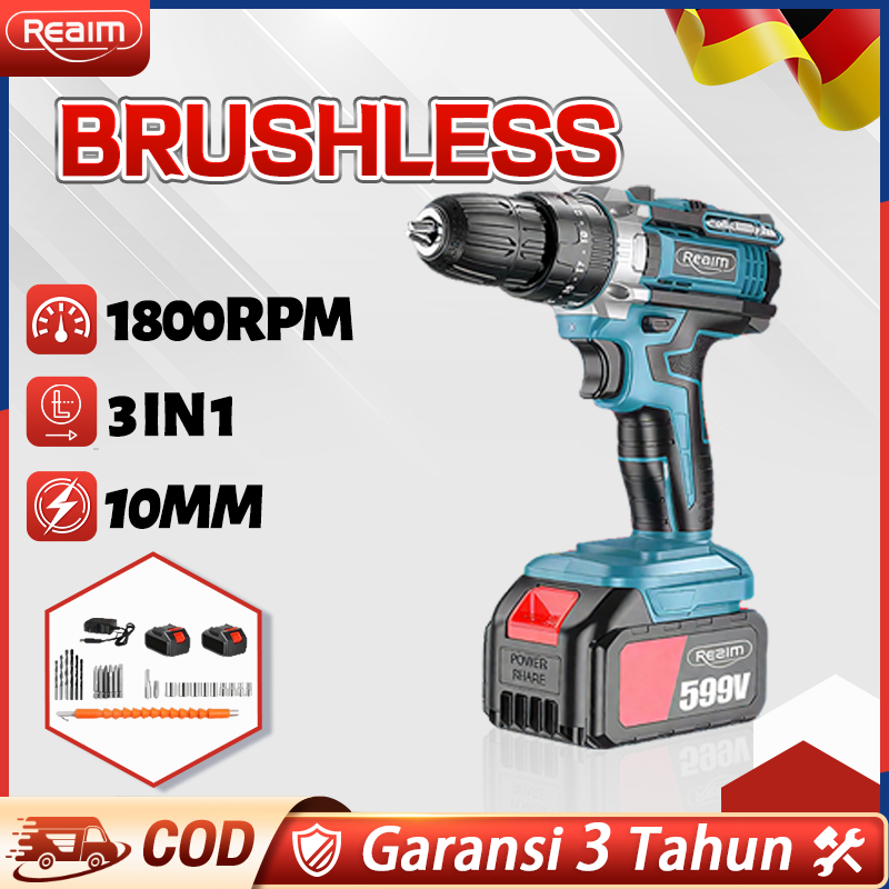 REAIM Mesin Bor Impact Drill Brushless 10Mm Bor Listrik Mesin Bor Impact Listrik Tanpa Kabel Screwdr