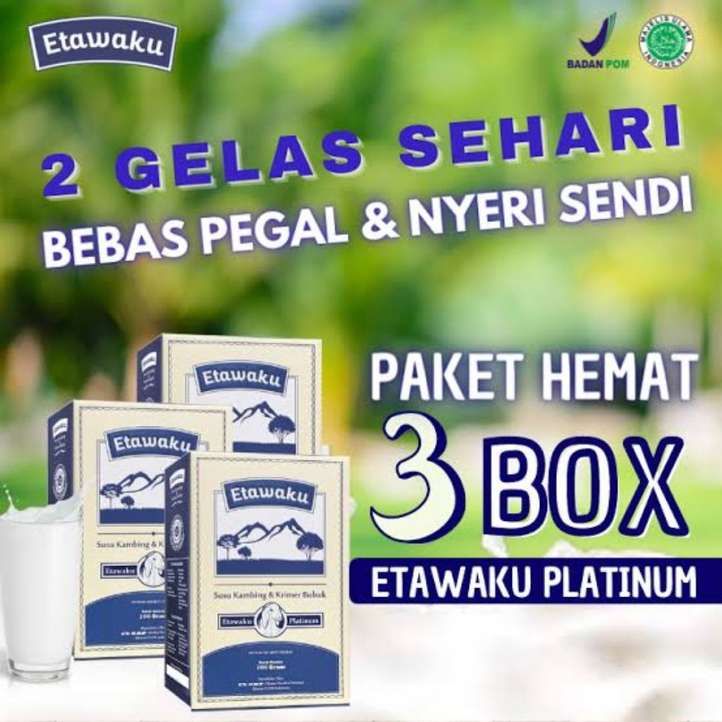 

Paket 3 Box Etawaku Platinum Susu Kambing Etawa Atasi Sesak Nafas dan Nyeri Sendi