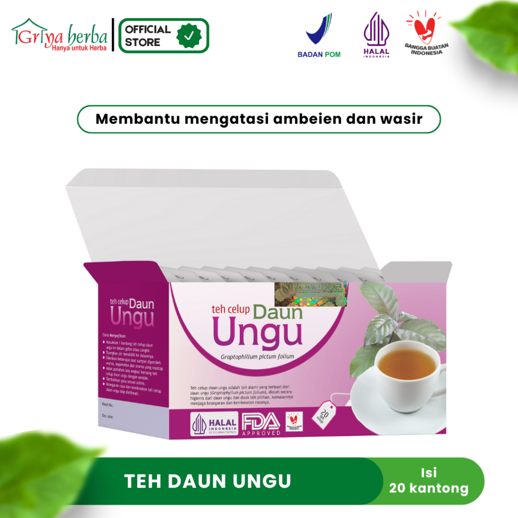 

Teh Herbal Daun Ungu Tazakka isi 20 Kantong teh untuk membantu meredakan Gejala Ambien halal