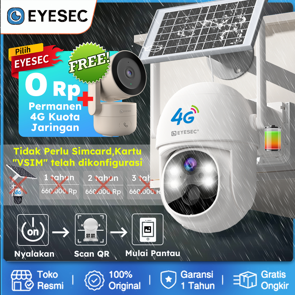[Kuota 4G GRATIS Tanpa Batas] EYESEC CCTV 4G All Operator Tenaga Surya 3MP FHD Outdoor CCTV Tanpa Wi