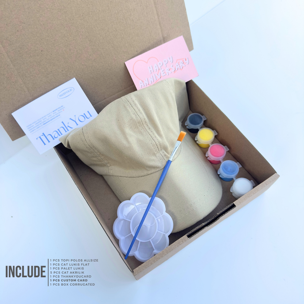 

DIY Hampers Melukis Topi Polos Krem | Paket Cat Akrilik Lengkap | Kado UlangTahun | Giftbox Spesial